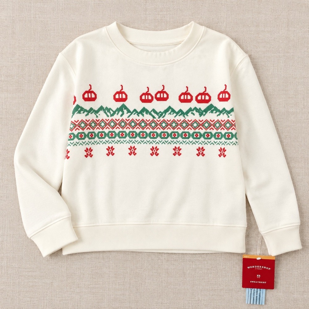 Wondershop Kids XS 4/5 Ski Gondola Fair Isle Christmas Sweatshirt Cream Red - Picture 4 of 5
